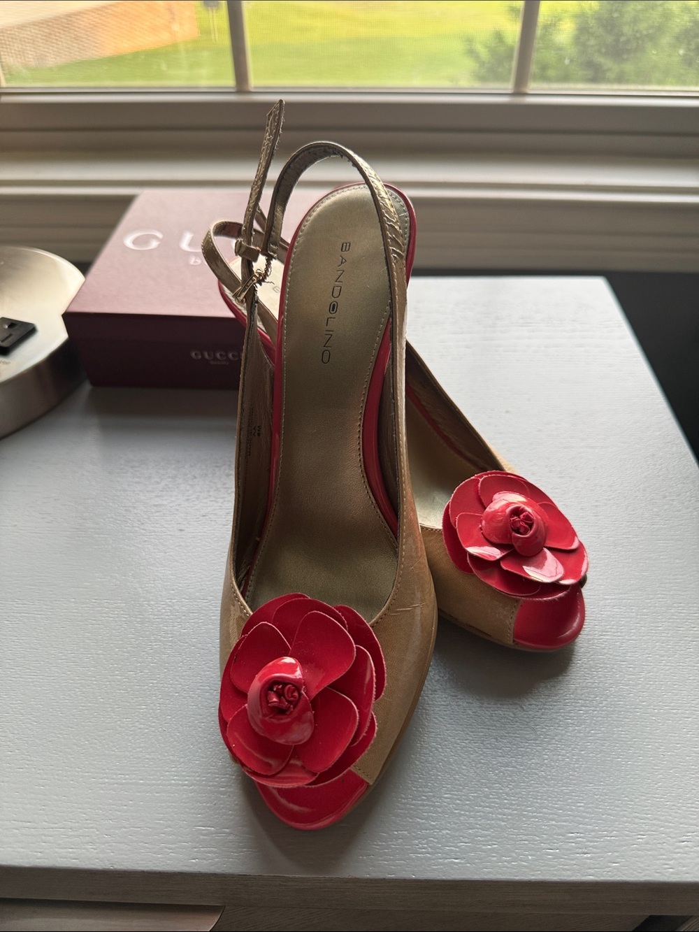 Bandolino Tan Slingback Peep-Toe Mules with Red Floral Appliqués